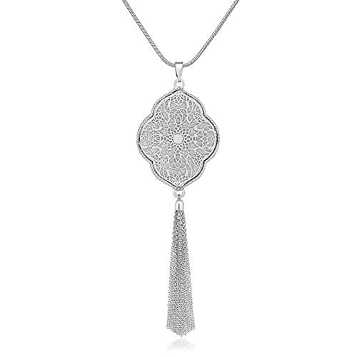 MOLOCH Long Necklaces For Woman Disk Circle Pendant Necklaces Tassel Fringe Necklace Set Statement Pendant - color: quatrefoil-shaped-silver