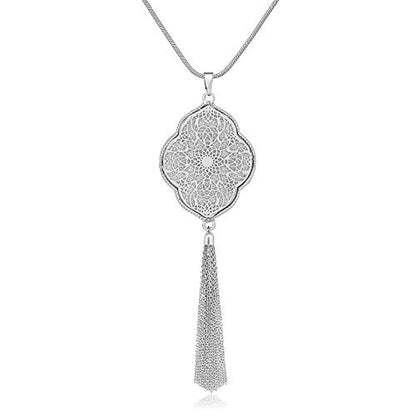 MOLOCH Long Necklaces For Woman Disk Circle Pendant Necklaces Tassel Fringe Necklace Set Statement Pendant - color: quatrefoil-shaped-silver