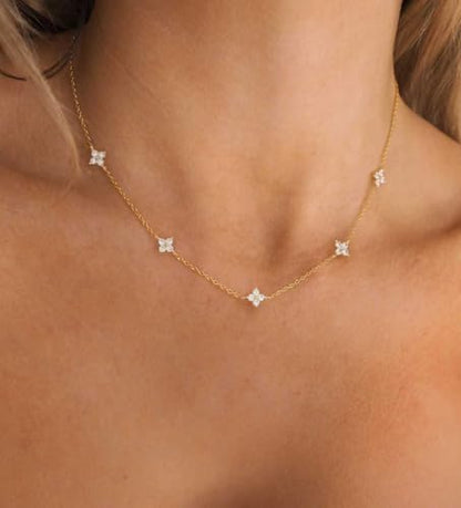 Dainty Silver Gold Necklaces for Women Cute Station Choker Simulated Diamond Necklace Simple Layering CZ Necklace Trendy Jewelry Gifts - color: Gold, style: Flower