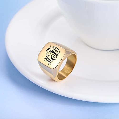 INBLUE Personalized Engraved Initial Monogram Signet Rings for Man Women Stainless Steel Rings Customize Jewelry with Ring Size Adjuster - color: Gold: Monogram