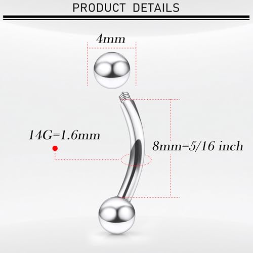 18G-00G Eyebrow Rings Internally Threaded Snake Eyes Piercing Jewelry Tongue Surgical Steel Curved Barbell Vertical Lip Labret Rook Daith Earrings Piercing Jewelry for Women Men 6mm-19mm - color: silver, size: 14G(1.6mm)-8mm barbells-4mm Balls