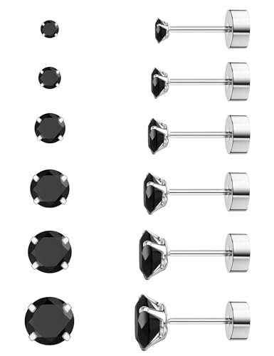 6 Pairs Hypoallergenic Cubic Zirconia Earrings Surgical Steel Flat Back Studs for Cartilage, Screw Back Fashion Jewelry - color: A-014-Black