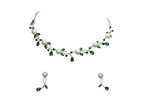 Faship Genuine 10mm Freshwater Pearls Floral Necklace Earrings Set | Premium CZ Crystal, Gorgeous, Sparkling - color: Green