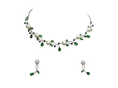 Faship Genuine 10mm Freshwater Pearls Floral Necklace Earrings Set | Premium CZ Crystal, Gorgeous, Sparkling - color: Green