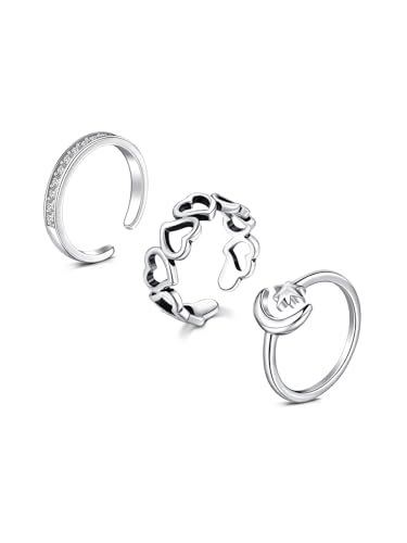 3pcs Silver Gold Toe Rings for Women Gold Toe Ring Silver Toe Rings non Tarnish Adjustable Womens Toe Rings Big Toe Jewelry Simple Tail Ring Stackable Rings - style: B1-heart basic moon-silver