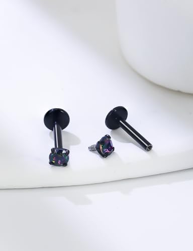 18G 16G 14G Internally Threaded Nose Rings Studs Flat Back Earrings Surgical Steel CZ Nose Rings Stud Tragus Helix Conch Cartilage Earrings Stud Piercing Jewelry For Women Men Hypoallergenic - color: Black-Rainbow CZ, size: 14 Gauge-7mm Bar-3mm CZ