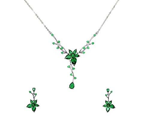 Faship Gorgeous CZ Crystal Floral Necklace Earrings Set - color: Green