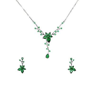 Faship Gorgeous CZ Crystal Floral Necklace Earrings Set - color: Green