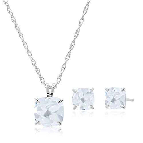 MAX + STONE 14k Gold Plated or Sterling Silver Cushion Cut Gemstone Stud Earrings and Pendant Necklace for Women with 6mm and 8mm Birthstones 18 Inch Chain and Push Backs Jewelry Set - style: Sterling Silver|Created White Sapphire