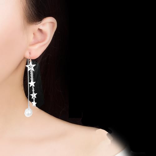 925 Sterling Silver Dangle Earrings with Charms Heart, Water drop, Moon, Star Long Drop Earring for Women Jewelry Gifts Hypoallergenic - color: star pearl-white