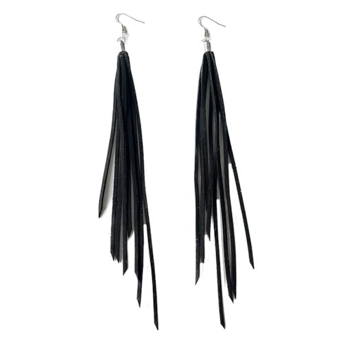 Leather Tassel Earrings Bohemian Tassel Fringe Dangle Earrings Boho Handmade Leather Feather Long Tassel Earrings Western Jewelry for Women - color: Black