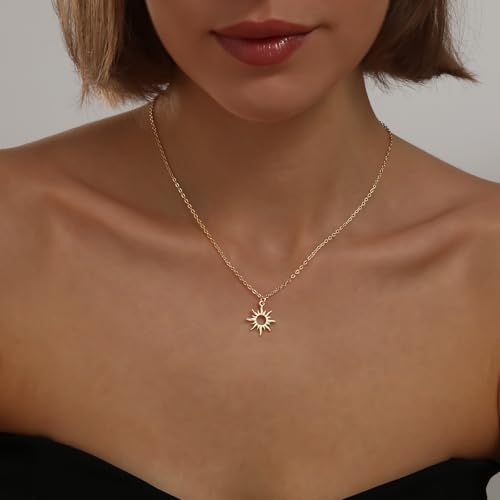 Gold Silver Necklace for Women, Dainty Cubic Zirconia Pendant | Teardrop CZ Charm, 14K Gold/Sterling Silver Plated, Adjustable Chain, Hypoallergenic & Waterproof Jewelry, Cute Trendy Gift - color: Gold-Howllow sun/cable chain