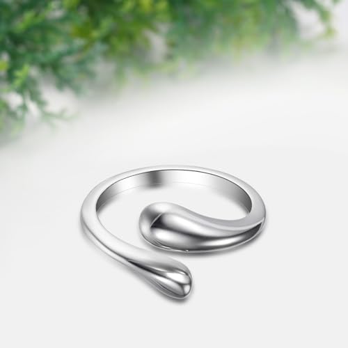 Cupimatch Modern Teardrop Adjustable Ring - Women Polished Stainless Steel Open Cuff Ring, Minimalist Wedding Anniversary Gift（Size:7