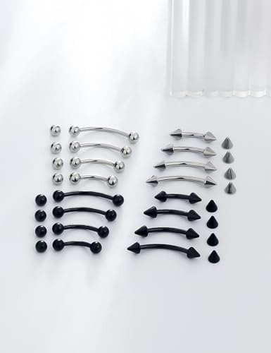 16g 6/8/10/12mm Silver/Black Eyebrow/Rook/Snug/Vertical-Labret/VCH/Snake-Eyes/Anti-Tragus/Christina/Daith/Belly-Button/Bridge/Hood/Surface Curved Barbell Piercing Jewelry for Women Men - color: Silver+Black