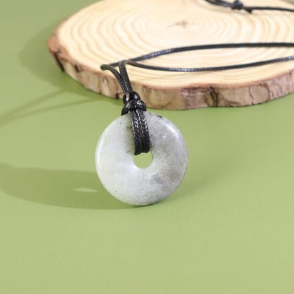 Anjiucc Natural Gemstone Pendant Necklce Lucky Coin Crystal Necklace Donut Pendnat with Adjustable Rope Healing Crystal for Men - color: White Spectrolite