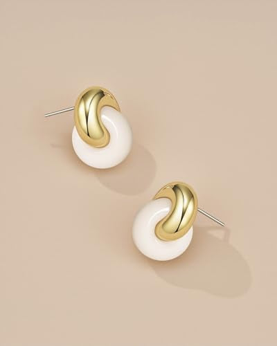 Small Twist Interlock Chunky 18K gold plated Gemstone Natural Stone (Brown, Green, Pink, White) Statement Earrings for Women by SNGIA, Dainty Love Knot Tiger Eye Amber Jade Tourmaline Bold Handmade Exaggerated Dome Retro Rounded Button Half Ball Trendy Bo