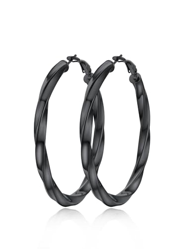 FindChic Twisted Hoop Earrings for Women, Silver/Black/14K Gold Plated Hypoallergenic Hollow Tube Rounded Loop Earrings, 30mm/40mm/60mm/80mm Hoops with Custom Name Options and Gift Box - color: a.Black, size: 60MM