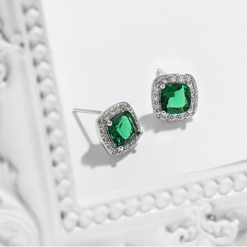 Cubic Zirconia Necklace and Earrings Set for Women 14K White Gold Plated Bridesmaid Silver Jewelry Set for Women Pendant Necklace Hypoallergenic Stud Earrings Set Jewellery Gift for Mom Wife Bride Bridesmaid - color: Green-Square Shape