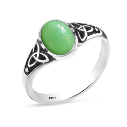 Viking Celt Knot Oval Natural Stone Ring,Retro S925 Sterling Silver Quartz Gemstone Ring,Punk Gothic Crystal Ring for Women - color: A05_Dongling Jade