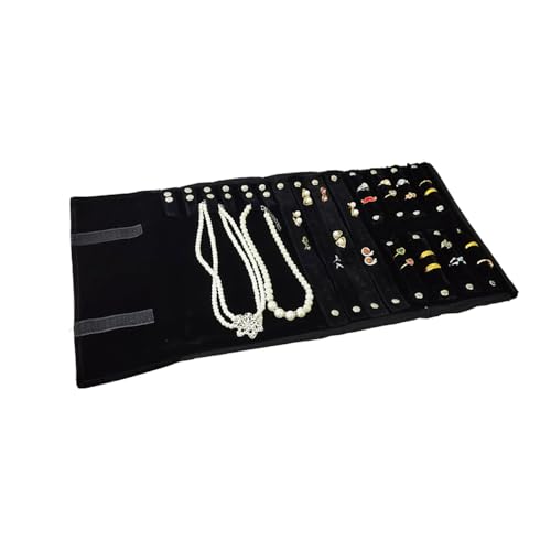 Velvet Travel Jewelry Case Roll Bag Organizer for Necklace Bracelet Earrings Ring (Black) (Black set) - color: Black Set