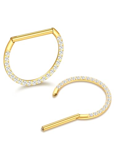 Oveta Titanium D Shaped Nipple Rings 14G for Nipple Piercing Jewelry Higned Segment Clicker Cartilage Hoop Earring 12mm 14mm 16mm for Women Men, Silver/Gold/Black, 2PCS - color: Gold CZ, size: 14mm Bar