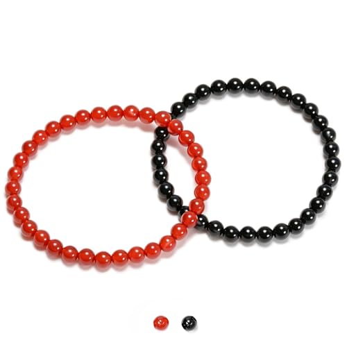 2PCS Agate Bracelet for Women Men Natural Round Beaded Agates Stone Healing Stretch Bracelets Elastic Handmade Polished Gemstone Beads Bracelet - color: Black+Red, size: 6mm Beads