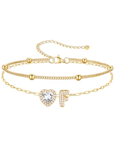 PROSTEEL Initial Ankle Bracelets for Women Waterproof, A-Z Gold/Silver Layered Anklets Adjustable, Summer Beach Gift Jewelry - color: Gold, size: F