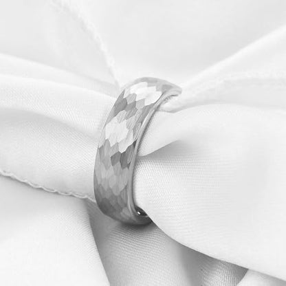 4-6mm Hammered Tungsten Wedding Band Matte for Men and Women | Matte Brushed Finish, Scratch and Fade Resistant, Engraved Faceted Pattern, Dome Profile, 4mm/6mm/8mm, Sizes 6–12 - color: 6mm Hammered Silver