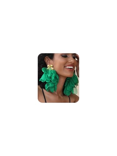 Bohemian Flower Drop Dangle Earrings Vintage Handmade Chiffon Floral Long Tassel Earrings Exaggerated Big Flower Stud Earrings Wedding Bridal Party Ear Jewelry for Women - color: Big Green