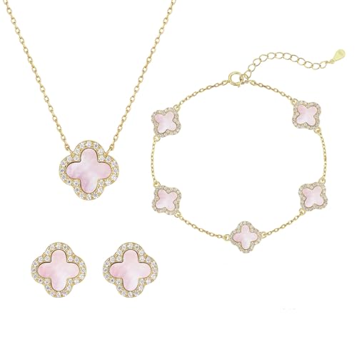 925 Sterling Silver Four Leaf Clover Bracelet – Real Silver Lucky Clover Jewelry for Women, Dainty Good Luck Gift for Her - color: Gold-Plated Pink MOP