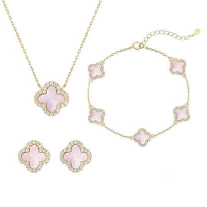 925 Sterling Silver Four Leaf Clover Bracelet – Real Silver Lucky Clover Jewelry for Women, Dainty Good Luck Gift for Her - color: Gold-Plated Pink MOP