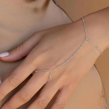 Hand Chain Bracelet Stainless Steel Gold Handchain Bracelets | Non Tarnish Handchain Bracelet for Women Summer Essentials Gold Link Bracelet Beach Waterproof Jewelry - color: Silver Bead