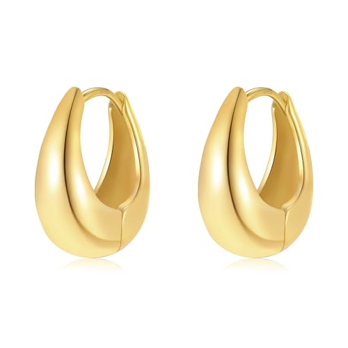 Trendy Small Chunky Hoops Teardrop Huggie Earrings for Women | 925 Sterling Silver Post, 14k Gold or Silver Plated, Hypoallergenic, Oval Thick Hoop Earrings for Women - color: Gold, size: Small