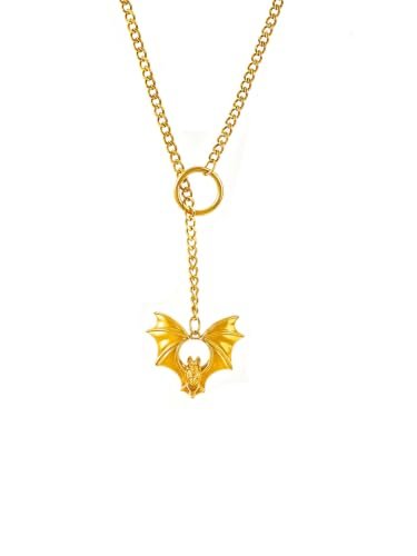 Slip Chain Necklace for Women Gothic Stainless Steel Bar Pendant Cuban Link Necklaces Adjustable Goth O Ring Long Necklaces Punk Rock Collar Choker Trendy Lariat Y Necklace - color: Gold bat