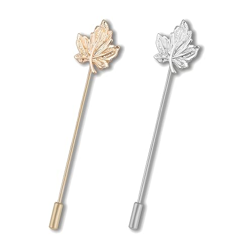 Dreuyet Simple Gold Silver Plated Long Brooch Pins with Cute Animal Antlers Leaves Plant Bees Rabbits Rose Flower Feather Brooch Jewelry for Women Men Elegant Suit Collar Lapel Pin - style: Maple Leaf