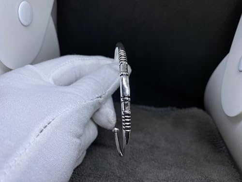 Solid 925 Sterling Silver Tribal Cuff Oxidized Torque with Engraved Geometric Pattern Ethnic Boho Handmade Bracelet Size 7 Inches and Adjustable