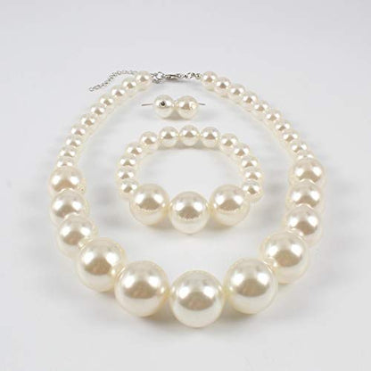 COLORFUL BLING Chunky Multicolor Simulated Pearl Choker Necklace Drop Dangle Earrings Bracelet Set Crystal Bib Big Large Round Beaded Strand for Women Brides Costume Statement 1920s Wedding Jewelry - color: White1