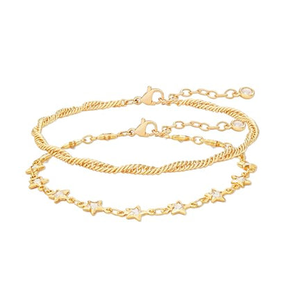 Gold Chain Bracelet for Women, 14K Gold Plated | Dainty Bracelets with Adjustable Chain, Trendy Jewelry Gift for Women - style: layer-star wave