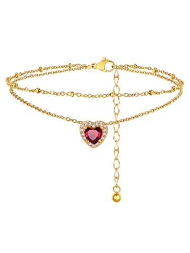 FindChic Bling Heart Birthstone Anklets Layered Beaded Ankle Bracelets for Women Gold/Black/Silver 12 Month Gem Colors Foot Chain Summer Jewelry for Girls, with Gift Box - color: Gold, style: 07. Jul.-Created Ruby