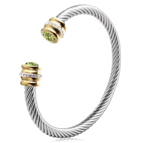 Birthstone Cable Cuff Bracelet for Women - Adjustable Open Cuff, Two-Tone Gold & Silver Twisted Bangle, Classic Stackable Jewelry Gift - color: Peridot