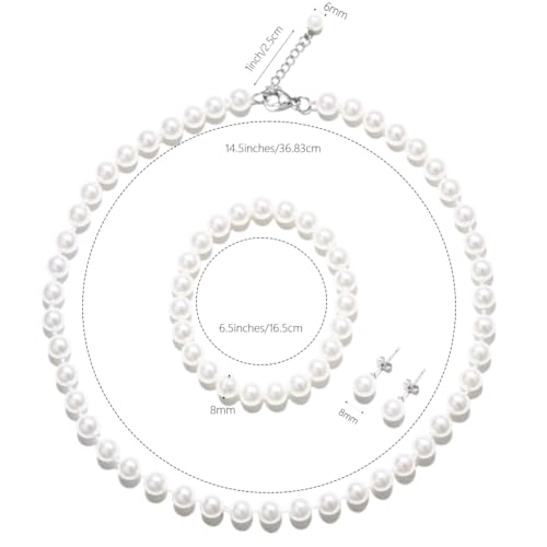 White 8mm Faux Hand Knotted Glass Imitation Pearls Necklace Earring Jewelry 3 Set for Women and Girls - style: 14.5 inches