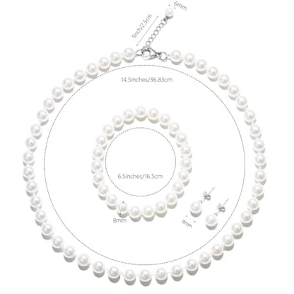White 8mm Faux Hand Knotted Glass Imitation Pearls Necklace Earring Jewelry 3 Set for Women and Girls - style: 14.5 inches