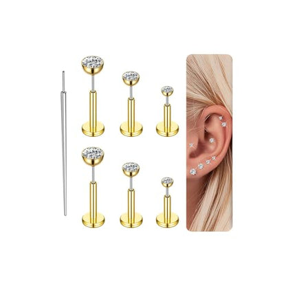Gotumo 16G 18G 20G Flat Back Earrings Stud Titanium Threadless Nose Rings Tragus Labret Cartilage Lip Medusa Conch Body Piercing Jewelry Hypoallergenic for Women Men - color: Gold, size: 16G Bar 5/6/7mm & CZ 2/3/4mm
