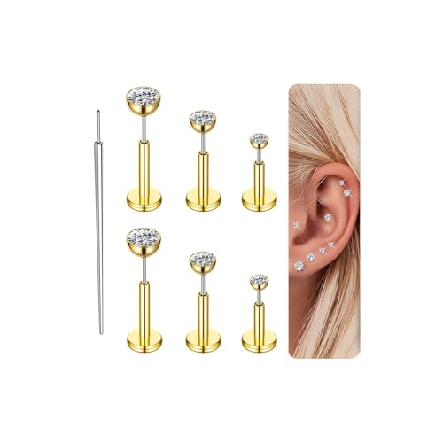 Gotumo 16G 18G 20G Flat Back Earrings Stud Titanium Threadless Nose Rings Tragus Labret Cartilage Lip Medusa Conch Body Piercing Jewelry Hypoallergenic for Women Men - color: Gold, size: 16G Bar 5/6/7mm & CZ 2/3/4mm
