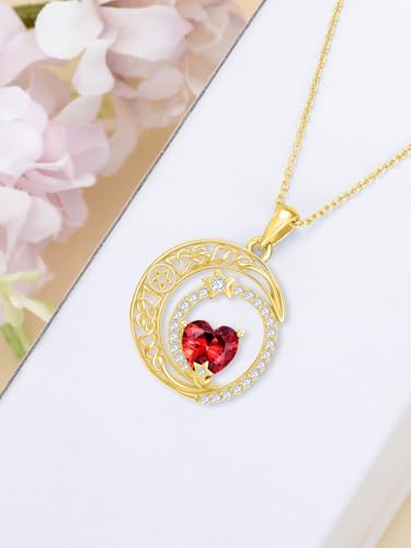 Midari 18K Yellow Gold Sun Moon Star Pendant Rose Flower Necklaces I Love You Forever Sun Moon Jewelry Gift for Mother Women - color: 01-Jan-Garnet, style: Moon&Star