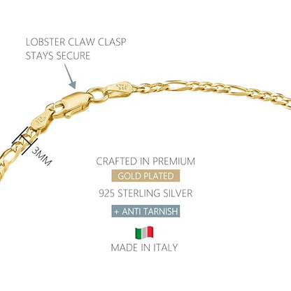 Gold Ankle Bracelets for Women Plated 925 Sterling Silver | 18K plating, Made in Italy, anti-tarnish, waterproof, anklet, 9-11 inches, curb rope figaro mariner - size: Small (9 inches)