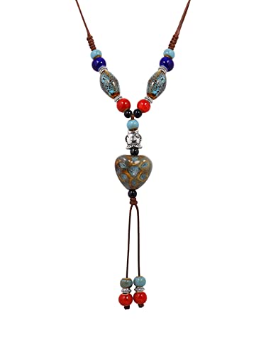 MINACHI Boho Hippie Colorful Ceramic Heart Bead Strand Necklace, Bohemian Summer Statement Jewelry Gift for Women - color: S04