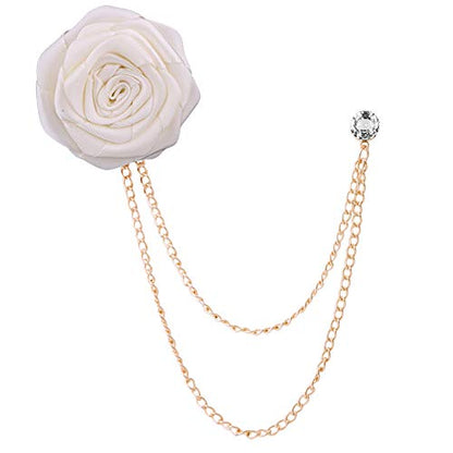 Fashion Bridegroom Wedding Brooches Cloth Art Hand-Made Rose Flower Brooch Lapel Pin Badge Tassel Chain Men's Suit Accessories - color: White