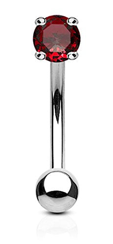 Forbidden Body Jewelry 16g 8mm Surgical Steel Curved Barbell w/Solitaire CZ for Daith, Eyebrow & Rook Piercings - color: Steel/Red