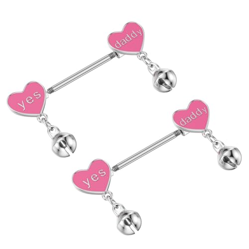 14G Pink Heart Nipple Rings with Jingle Bell Dangle Charm, Yes Daddy Letter Nipplerings Nipple Shield Barbell Piercing Stainless Steel Body Piercing Jewelry